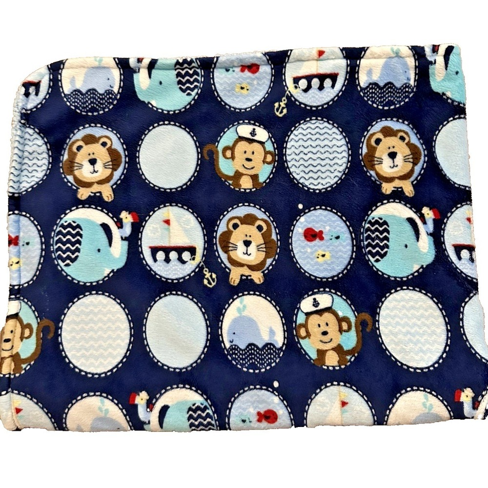Garanimals Baby Blanket nautical Sailor Monkey Whale Circles Blue Sherpa Backing